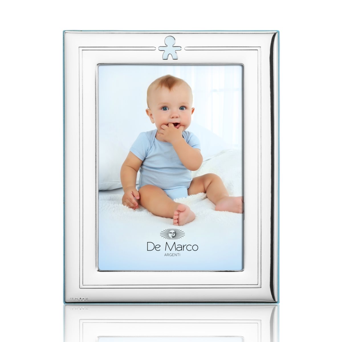 Cornice bimbo 10x15 in argento bilaminato con simbolo di un bambino stilizzato e retro in legno azzurro