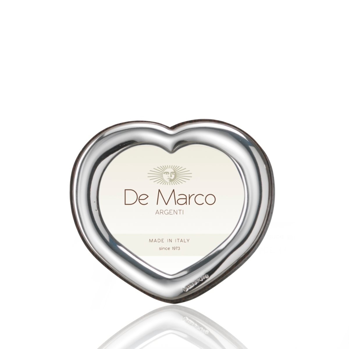Cornice mignon a cuore per bomboniera in argento laminato a finitura liscia con retro in legno mis. 5,5x5,5 linea delight