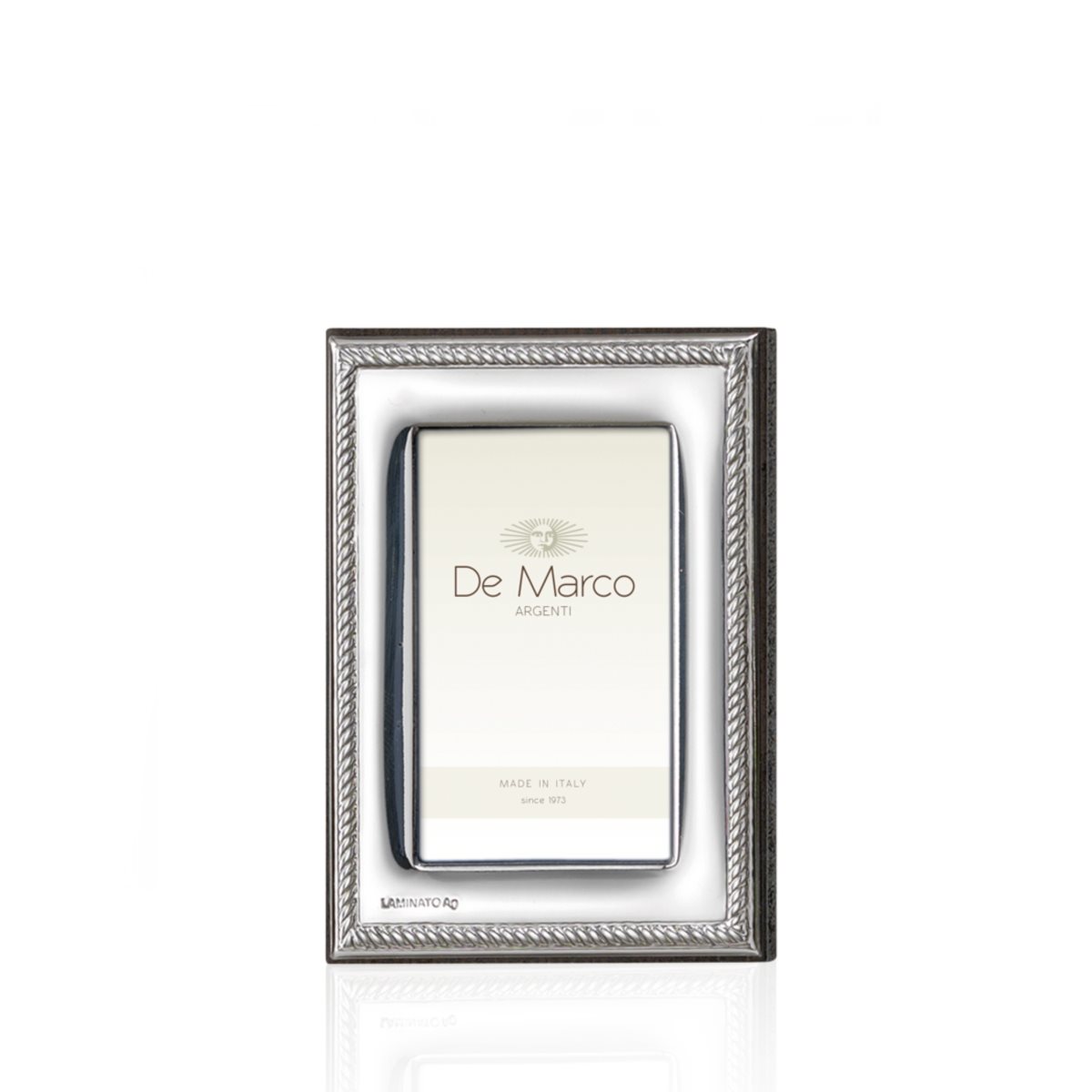 Cornice mignon rettangolare 4x6 in argento laminato con lavorazione a cordoncino e retro in legno