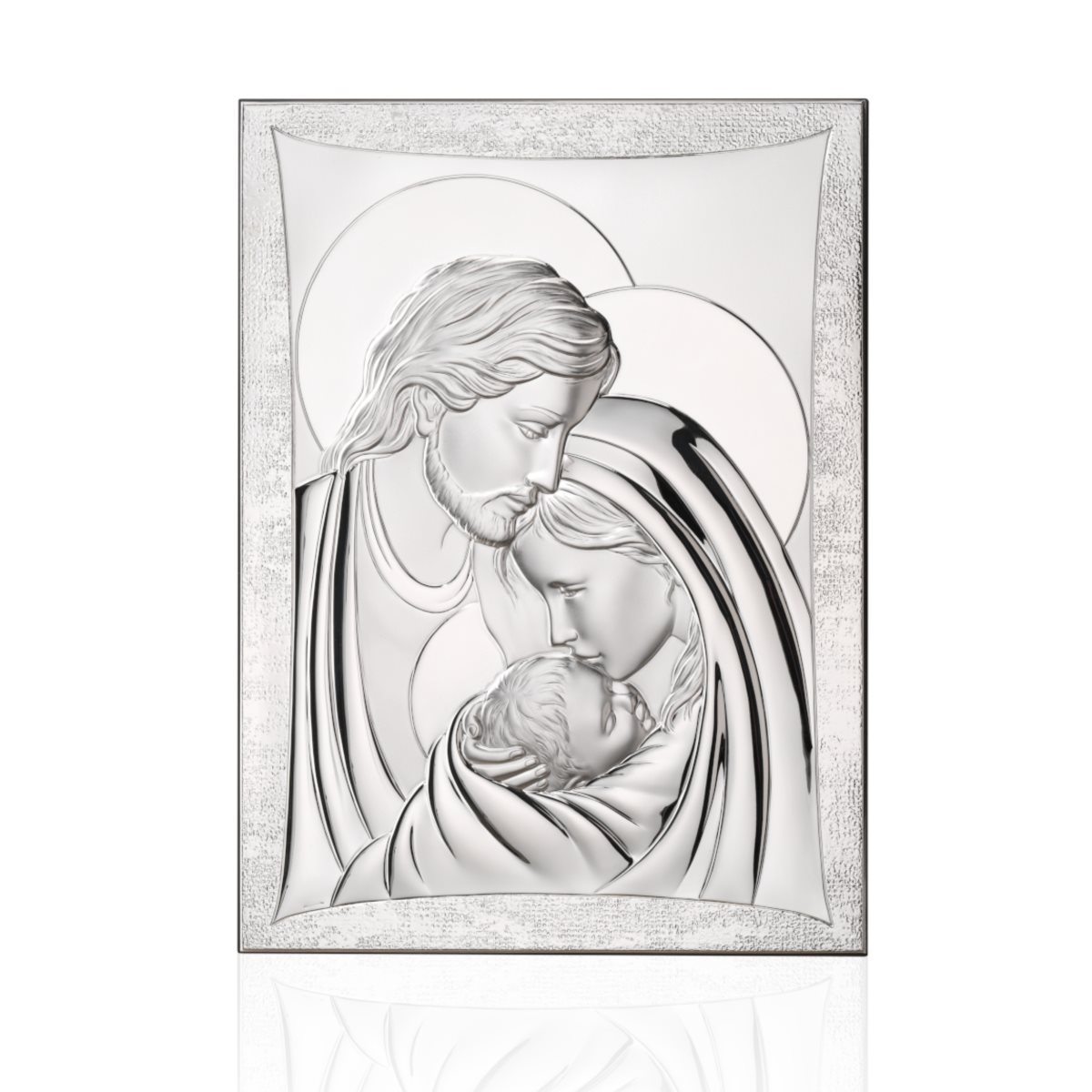 Icona moderna con sacra famiglia in argento laminato decorata con effetto tela da appoggio e da parete di misura 11 cm x 14 cm