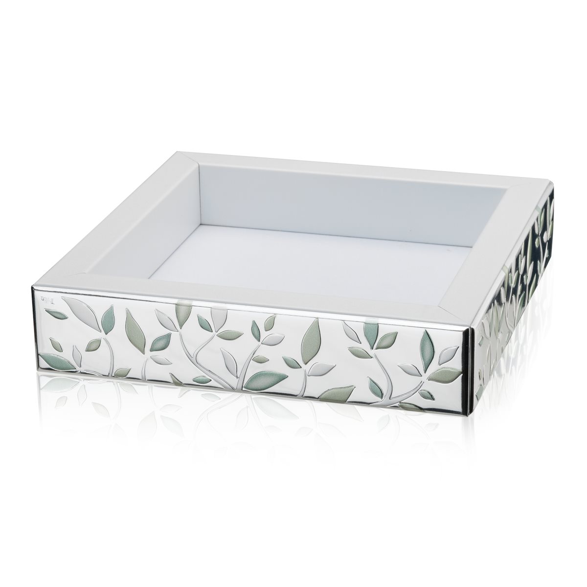 Vuotatasche in legno bianco rivestito in argento laminato con albero della vita colorato e in rilievo