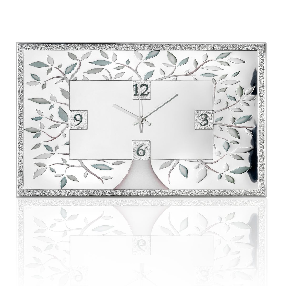 Orologio da parete e da tavolo in argento laminato con albero della vita in rilievo e retro in legno bianco