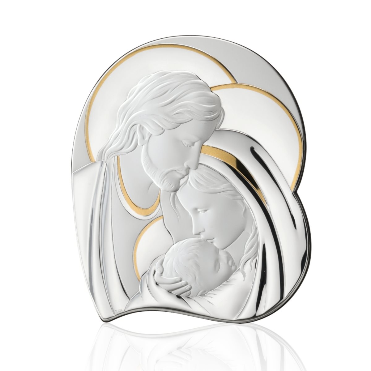 Icona moderna con sacra famiglia in argento laminato decorata con dettagli dorati da appoggio e da parete di misura 23,5 cm x 27 cm