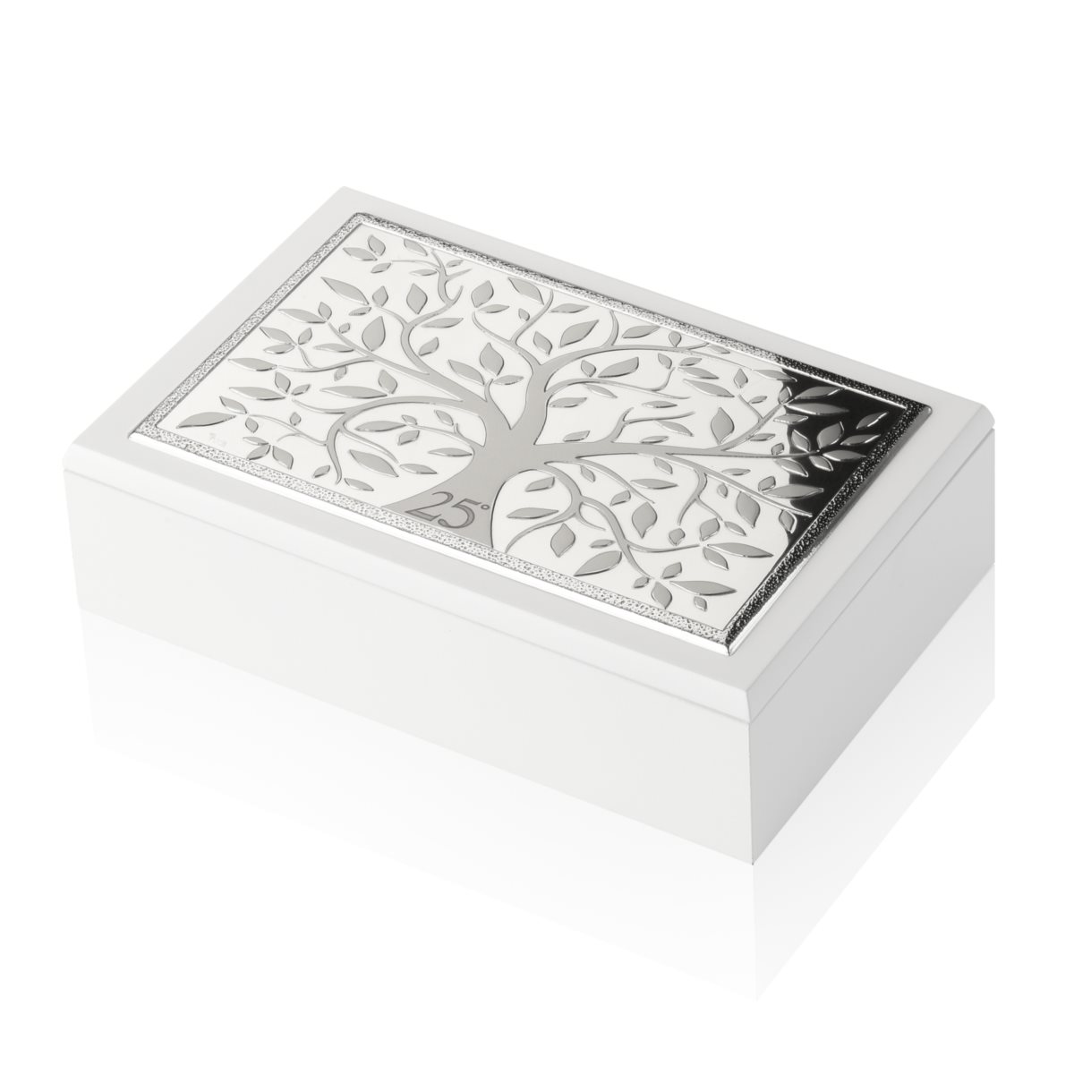 Cofanetto portagioie per 25 anniversario di matrimonio in argento laminato e legno con albero della vita in rilievo