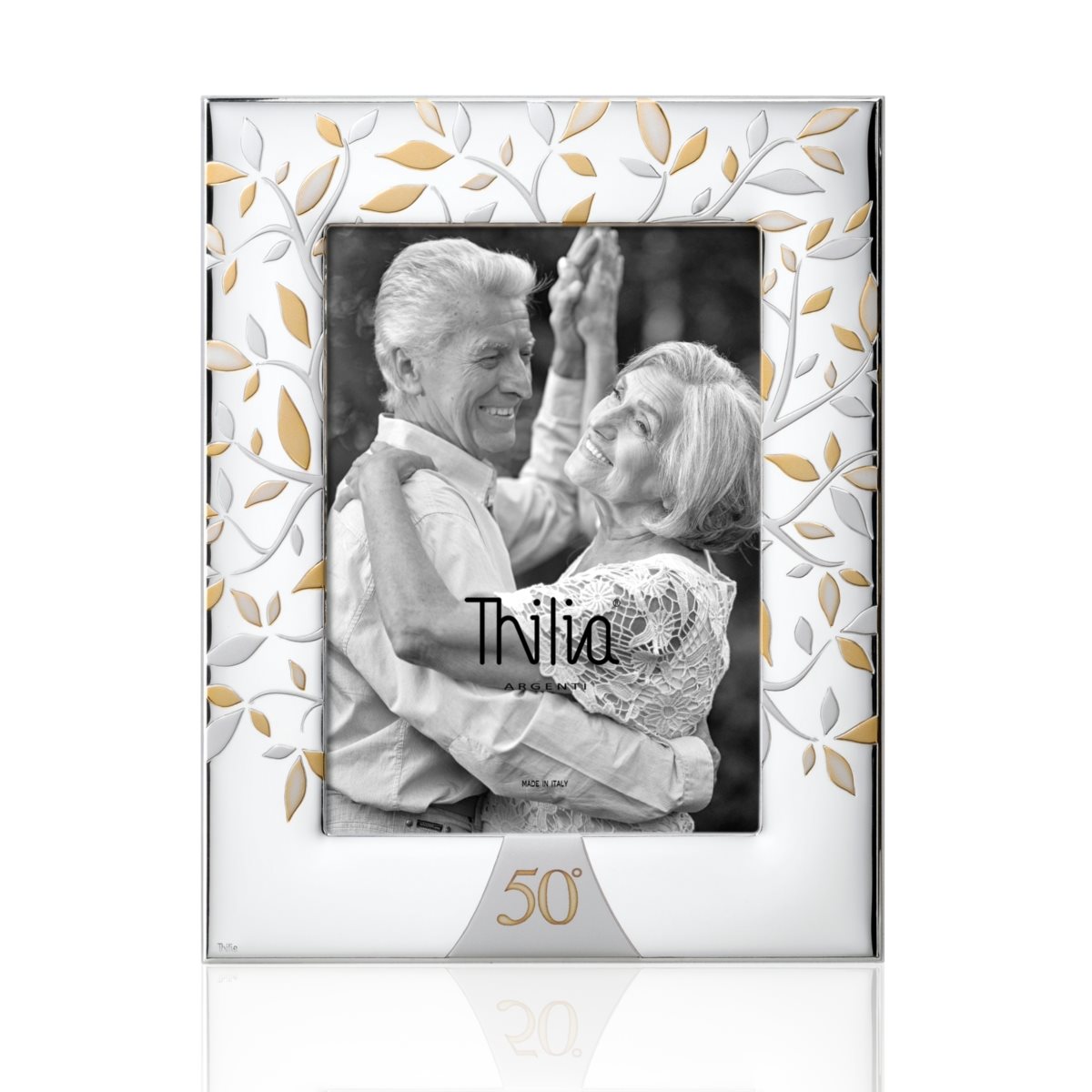 Cornice per 50 anniversario di matrimonio in argento laminato con albero della vita dorato di misura 13x18