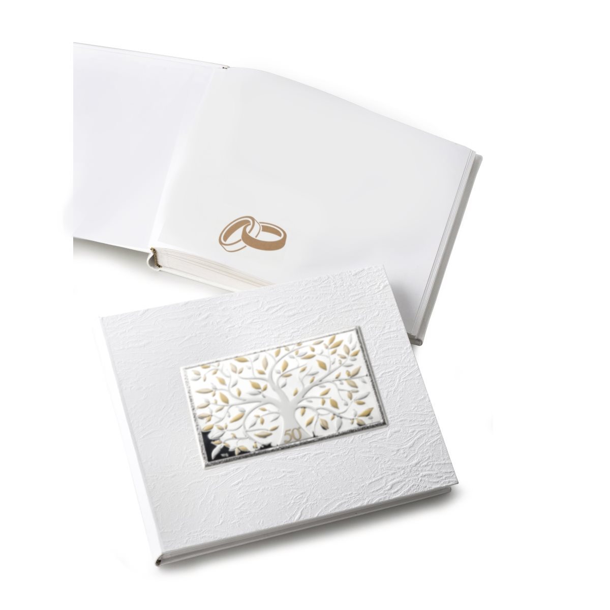 Album portafoto per 50 anniversario di matrimonio in ecopelle bianca e placca in argento laminato con albero della vita dorato