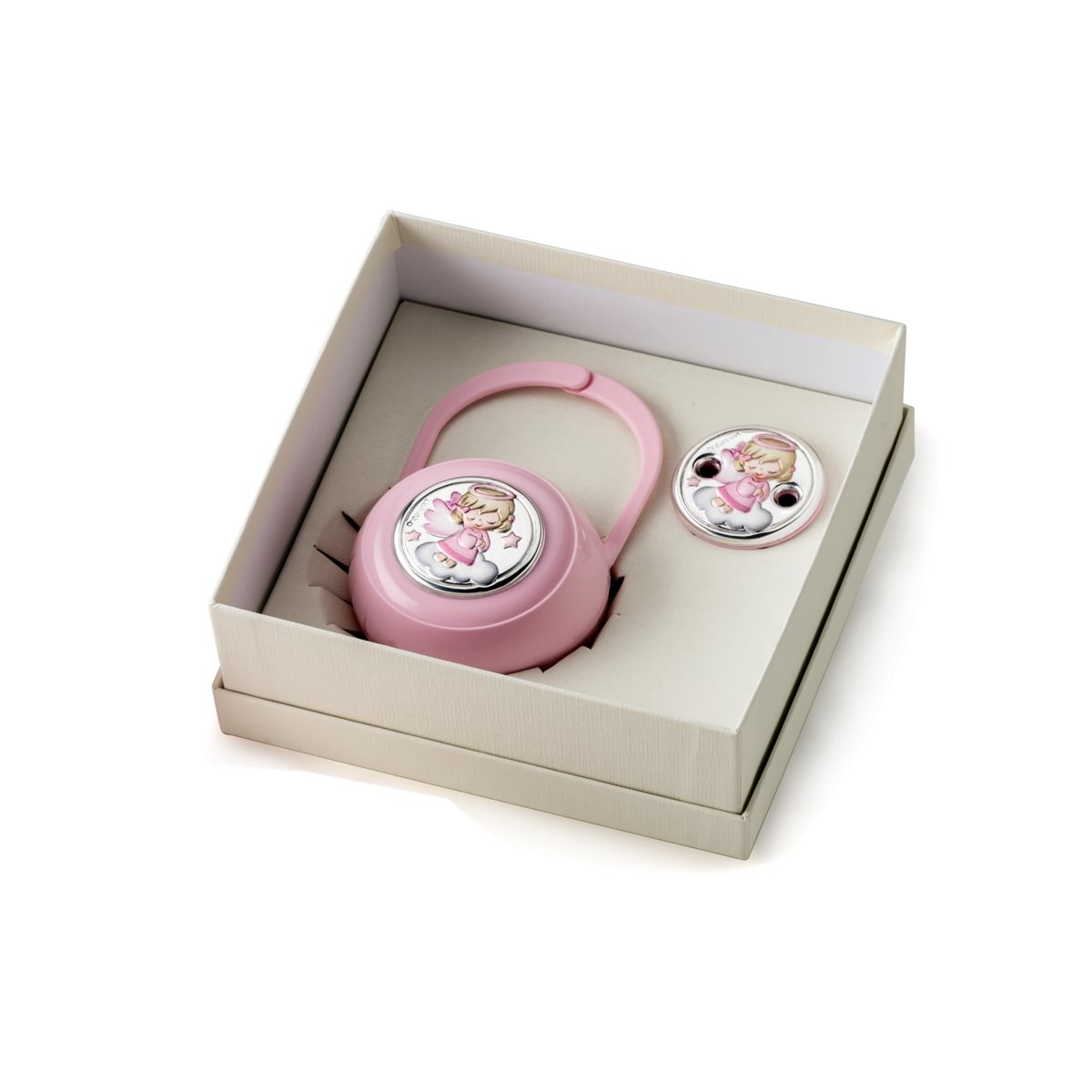 Set per bimba scatola e pinza porta ciuccio con angioletto su nuvola
