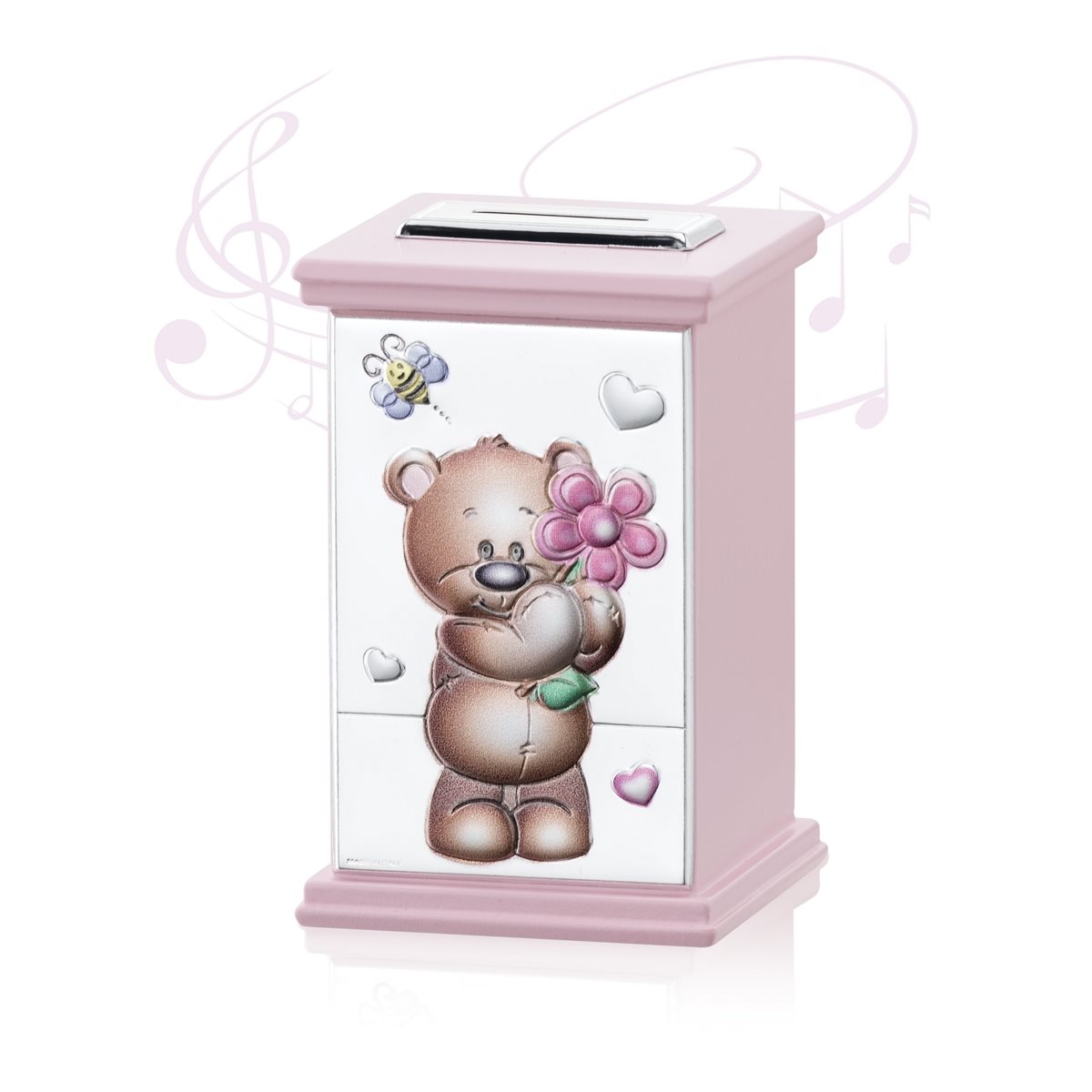 Salvadanaio per bimba con orsetto con fiore in legno laccato