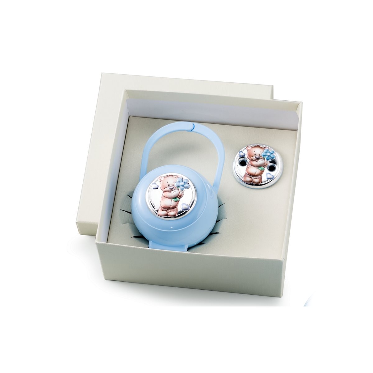 Set per bimbo scatola e pinza porta ciuccio con orsetto con fiore