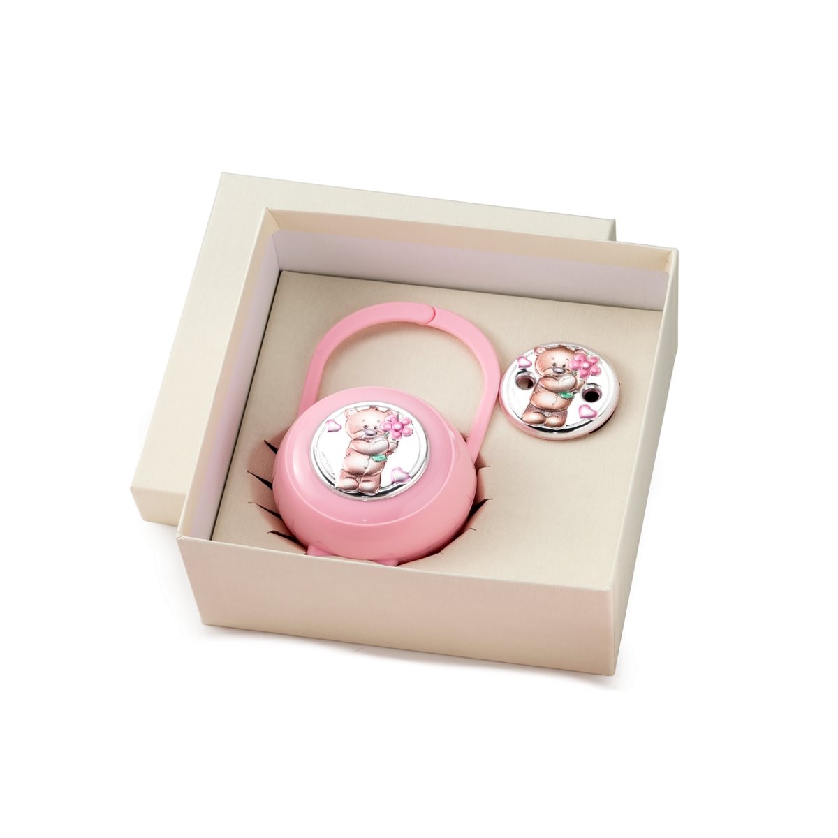 Set per bimba scatola e pinza porta ciuccio con orsetto con fiore