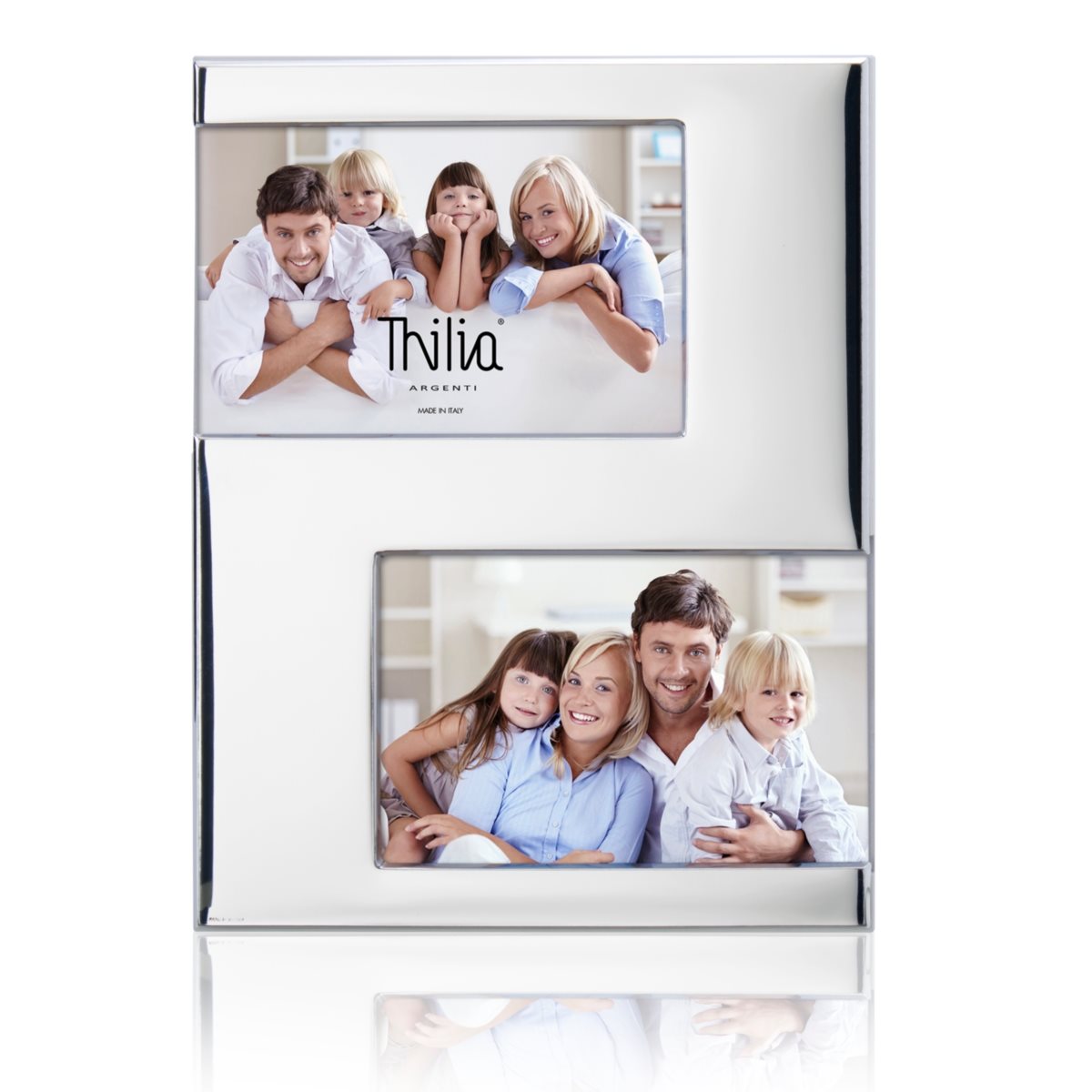 Cornice doppia fissa liscia in argento laminato lucido con retro in legno bianco linea minimal