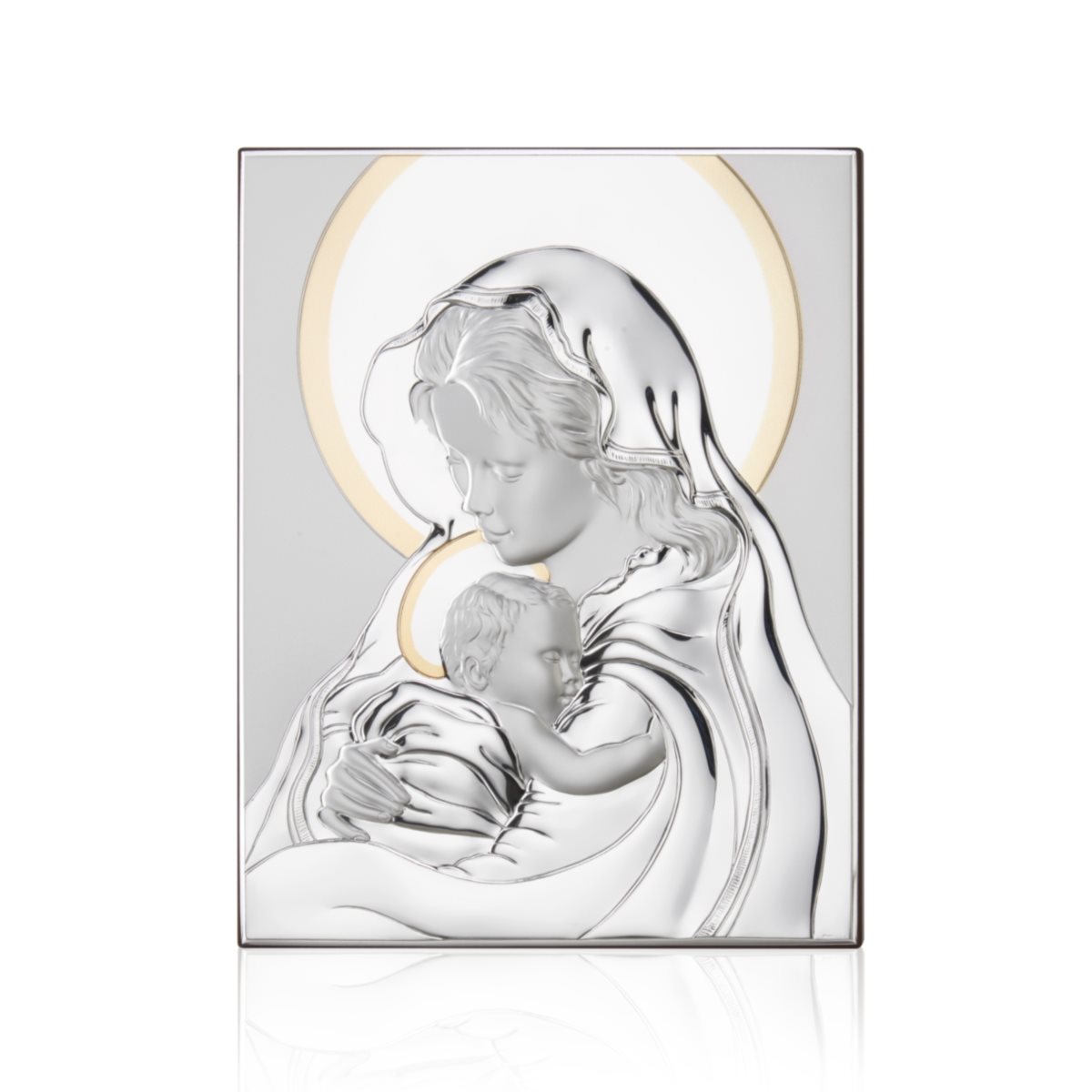 Icona sacra moderna con maternit in argento laminato decorata con dettagli dorati da appoggio e da parete di misura 27 cm x 34 cm