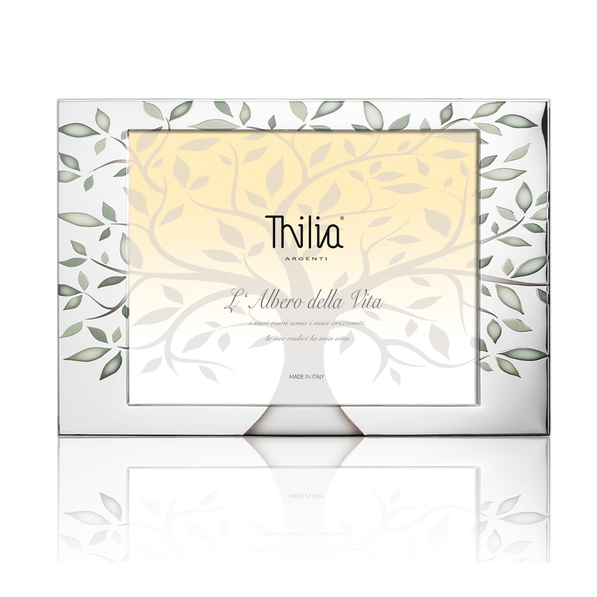 Cornice con specchiera in argento laminato con albero della vita colorato e retro in legno bianco