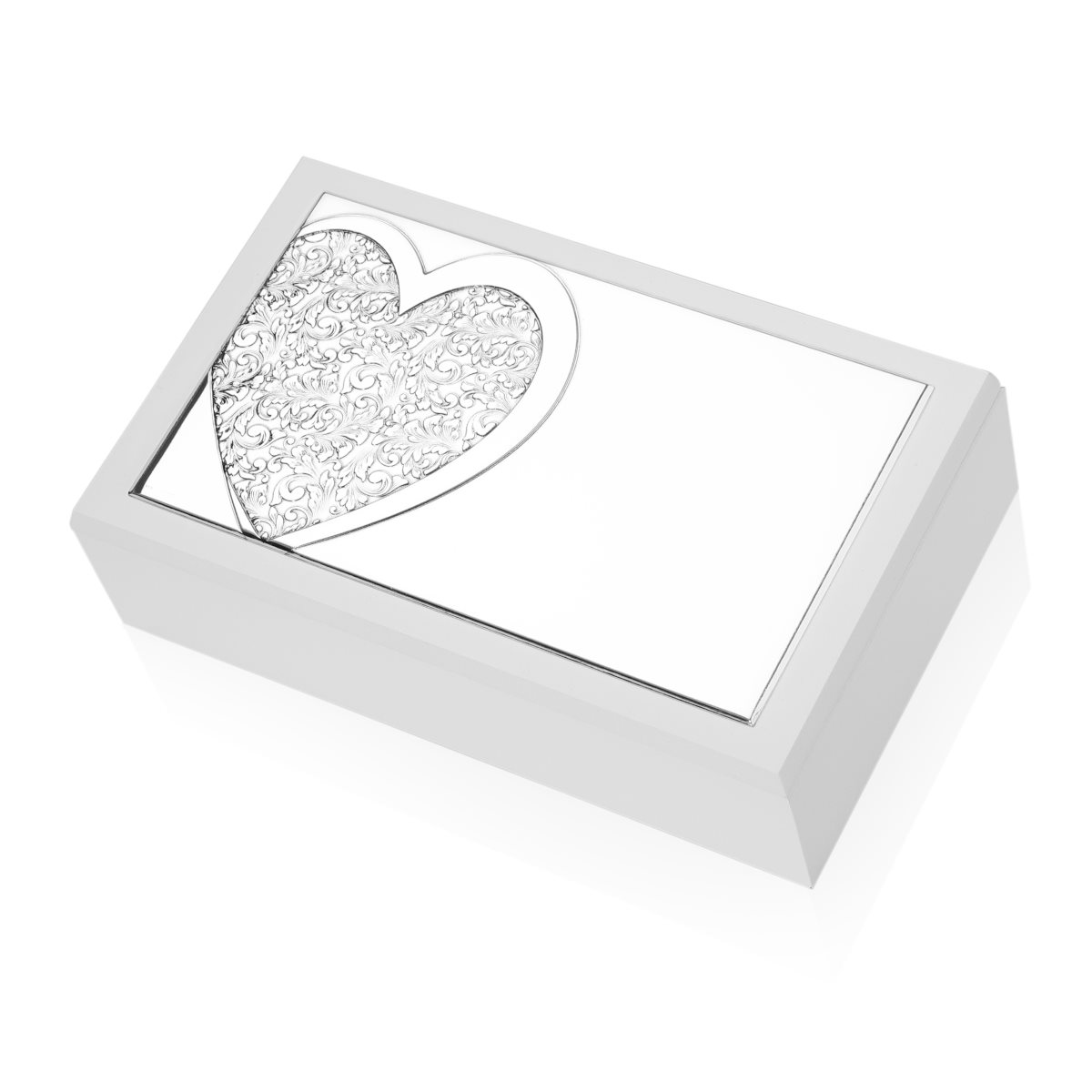 Cofanetto portagioie in legno bianco per matrimonio o anniversario con cuore arabescato in argento laminato