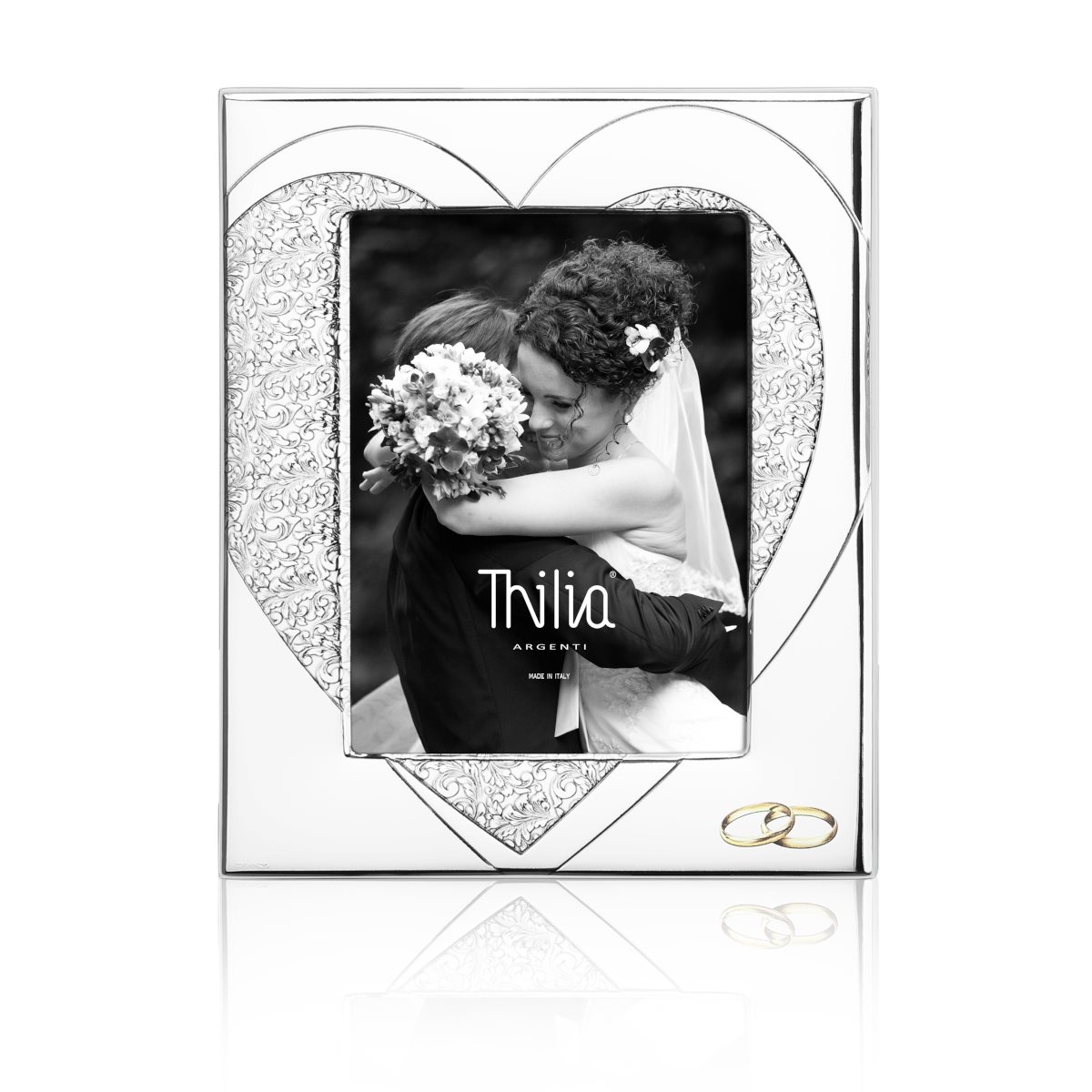 Cornice per matrimonio con cuore arabescato e fedi dorate in argento laminato mis. 18x24