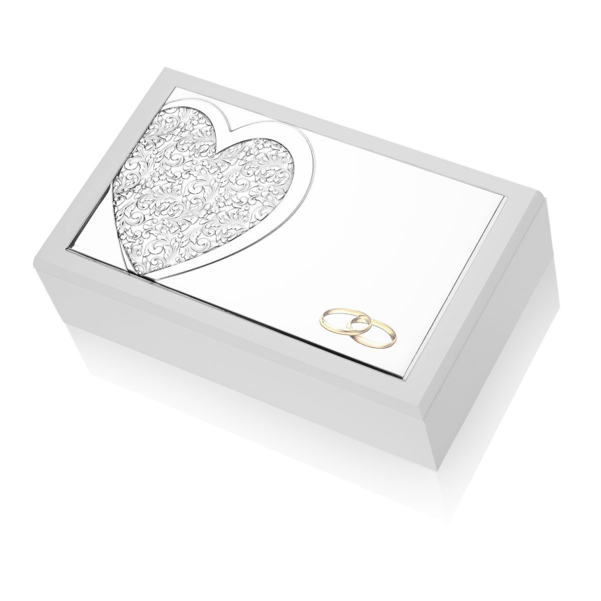 Cofanetto portagioie in legno bianco per matrimonio con cuore arabescato e fedi dorate in argento laminato