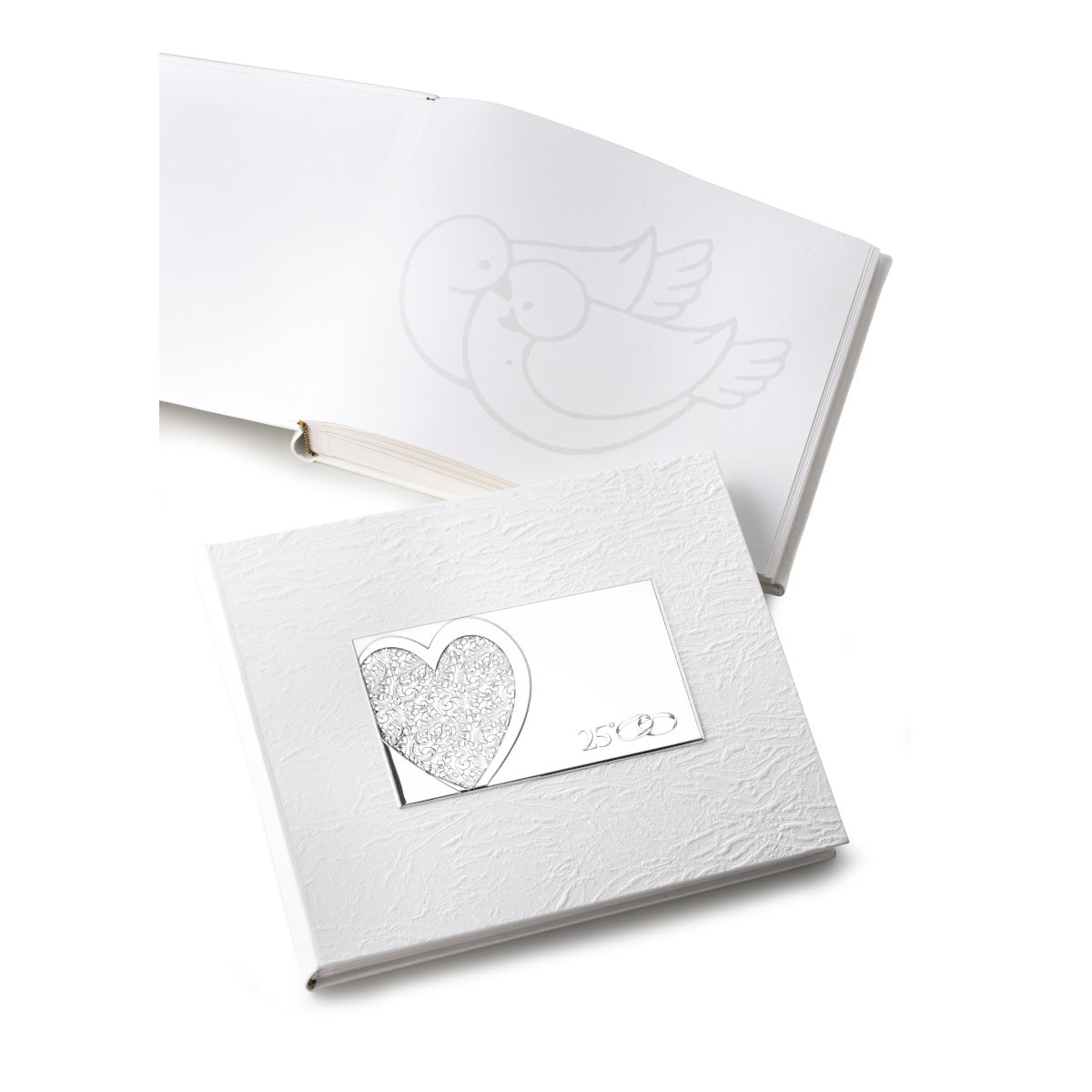 Album per 25 anniversario in similpelle bianca con cuore arabescato, fedi e simbolo in argento laminato