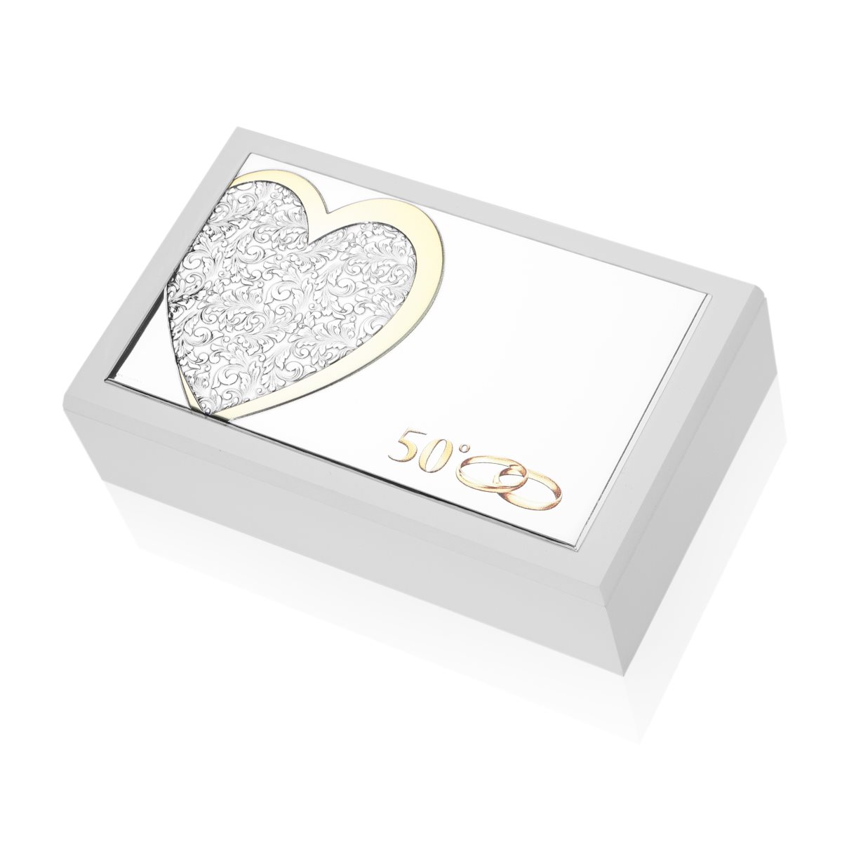 Cofanetto portagioie in legno bianco per 50 anniversario con cuore arabescato, fedi e simbolo in argento laminato