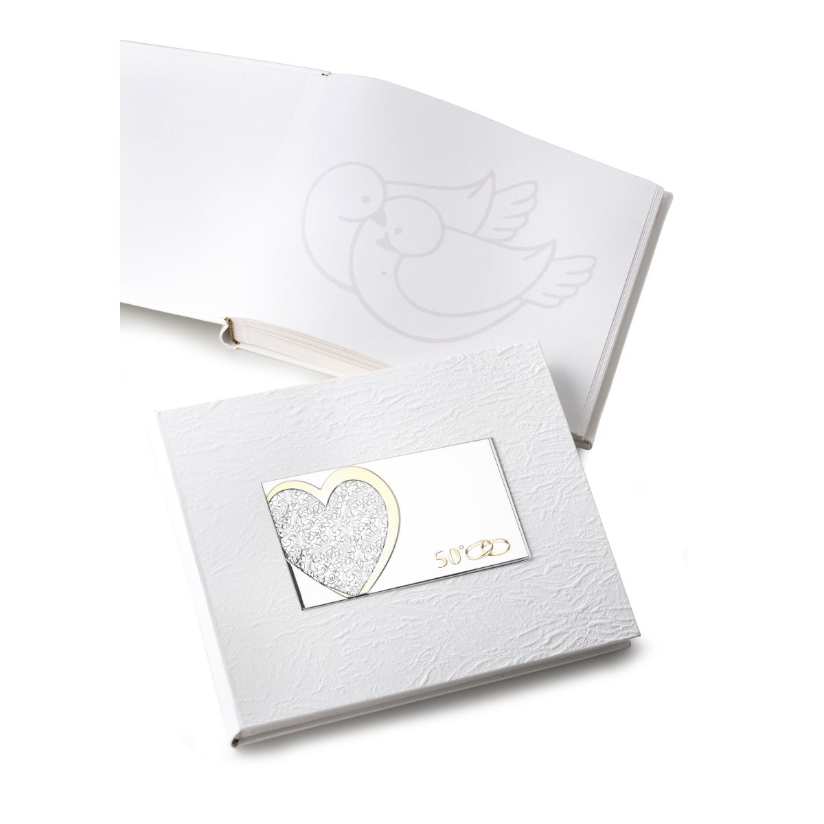 Album per 50 anniversario in similpelle bianca con cuore arabescato, fedi e simbolo in argento laminato