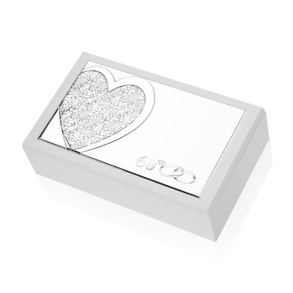 Cofanetto portagioie in legno bianco per 60 anniversario con cuore arabescato, fedi e simbolo in argento laminato