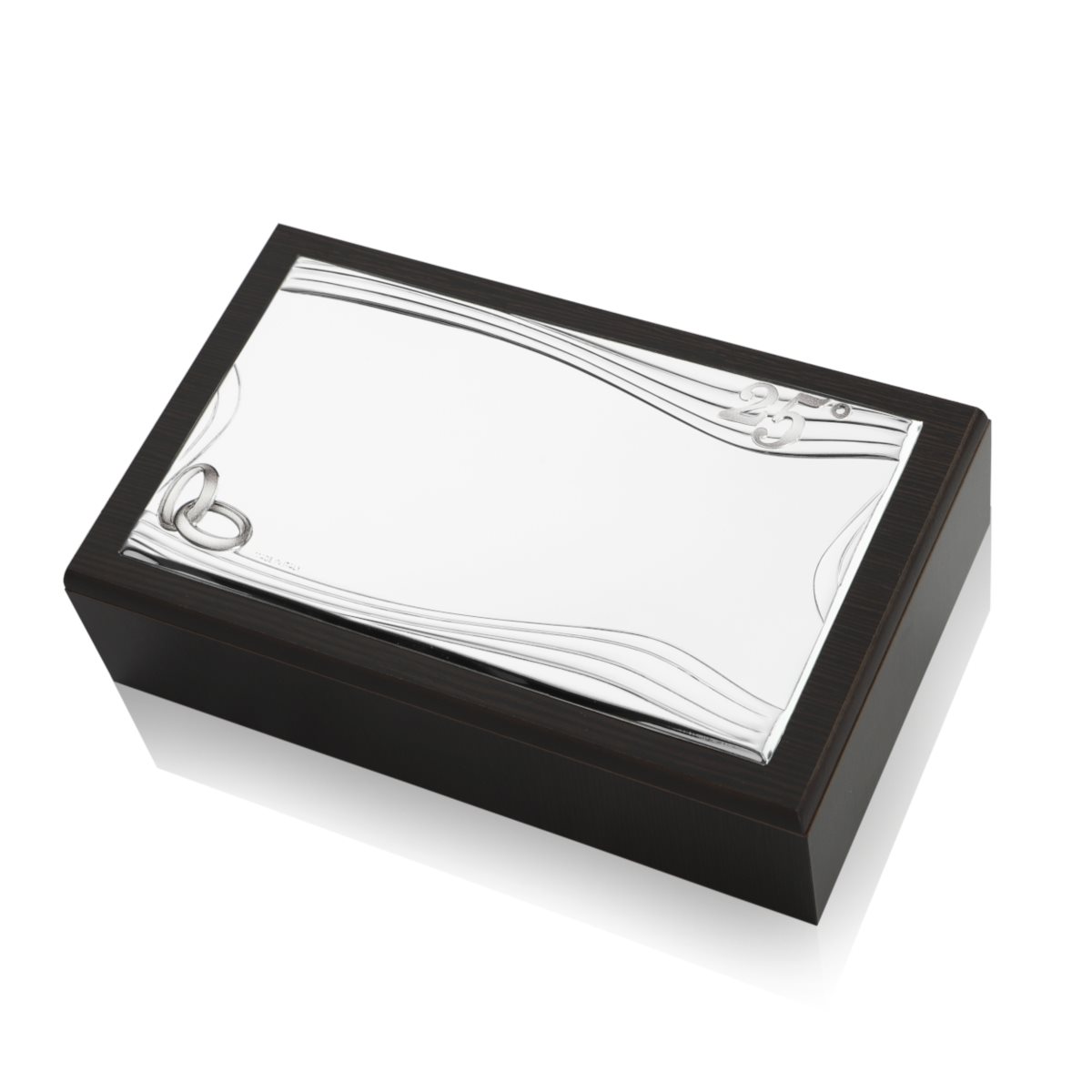 Scatola portagioie per nozze d'argento con piastra in argento laminato decorata con simbolo delle fedi, del 25 anniversario e motivo ondulato linea sinou