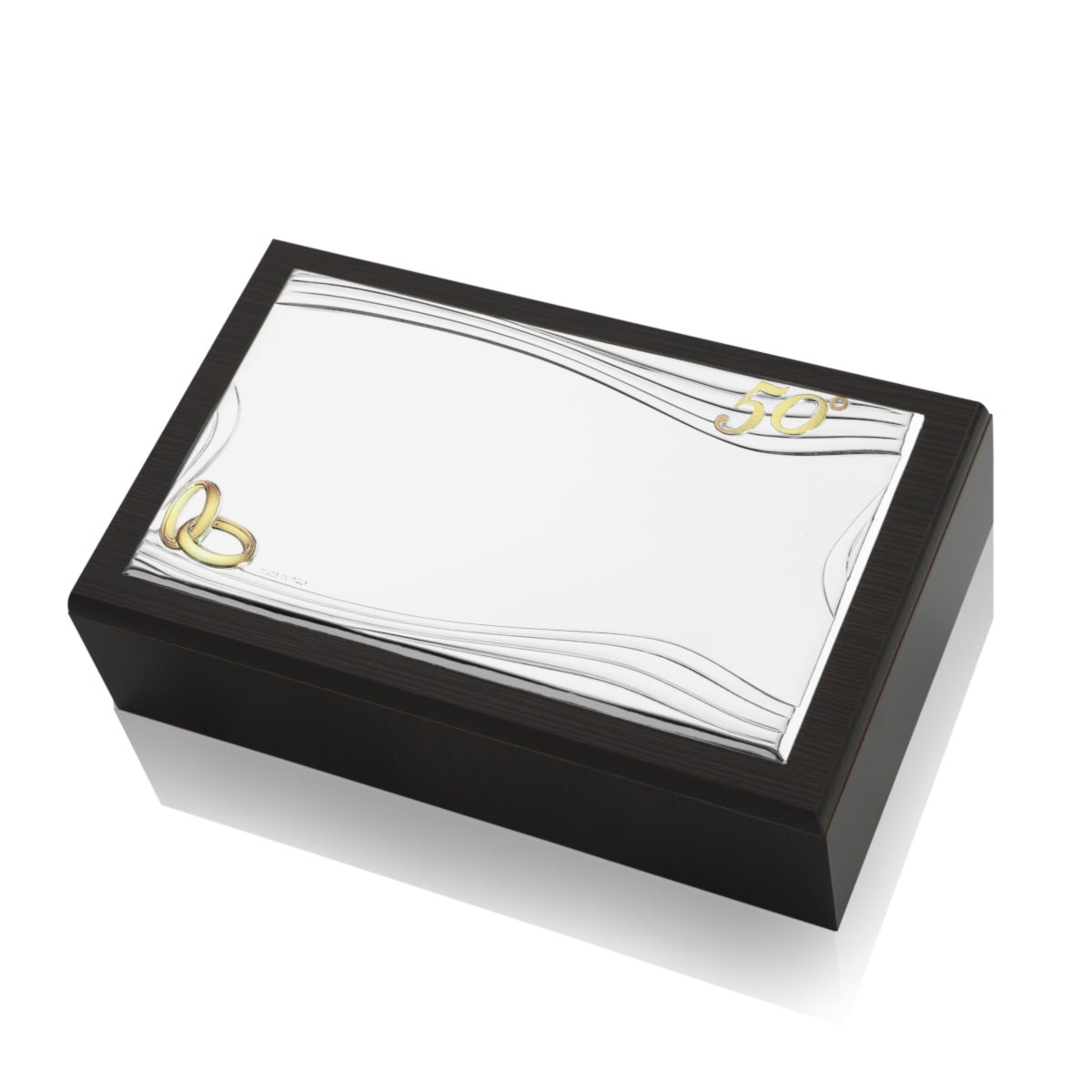 Scatola portagioie per nozze d'oro con piastra in argento laminato decorata con simbolo delle fedi, del 50 anniversario e motivo ondulato linea sinou