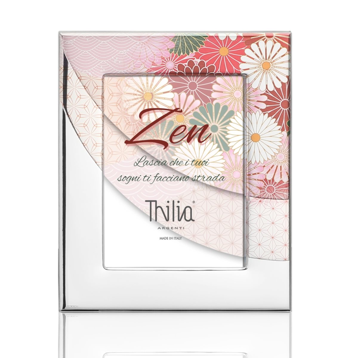 Cornice 13x18 in argento laminato con margherite colorate e retro in legno bianco linea zen
