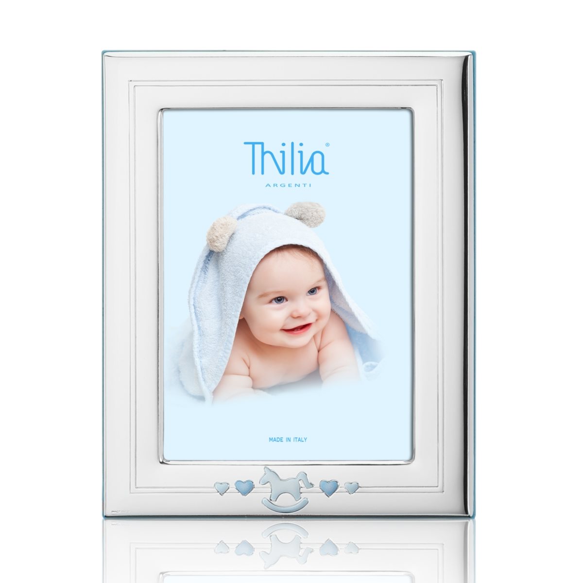 Cornice bimbo 10x15 in argento laminato con cavallo a dondolo e retro in legno azzurro linea horse