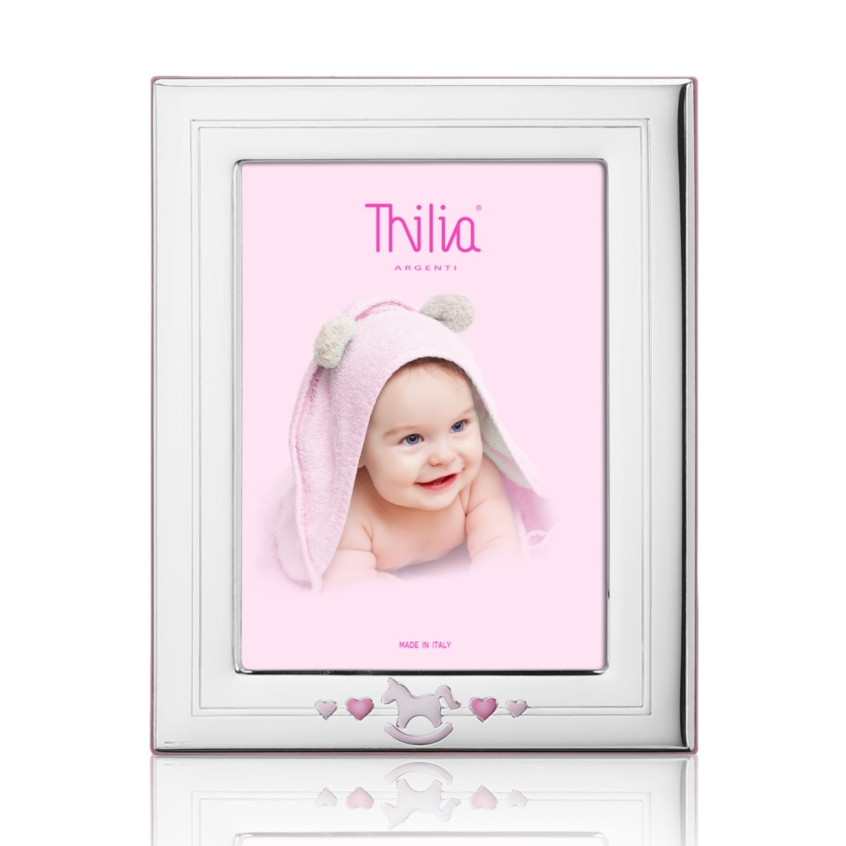 Cornice bimba 10x15 in argento laminato con cavallo a dondolo e retro in legno rosa linea horse