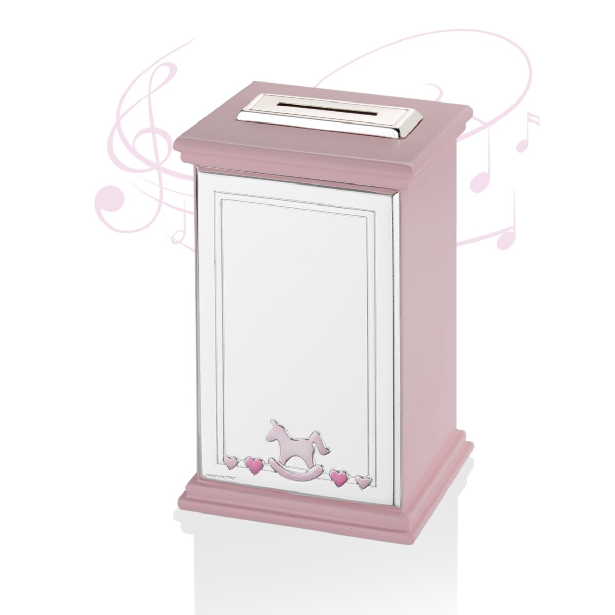 Salvadanaio con carillon per bimba in legno rosa con placca in argento laminato decorata con cavallo a dondolo linea horse