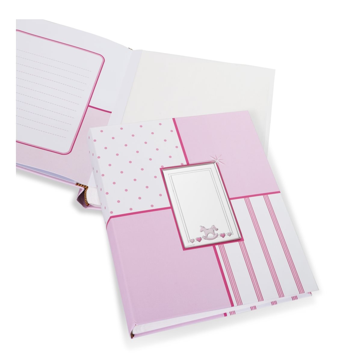 Album portafoto per bimba con placca in argento laminato decorata con cavallo a dondolo linea horse