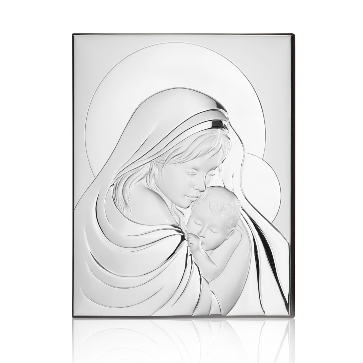 Icona moderna con madonna con bambino in argento laminato su pannello in legno color weng mis. 11,5x14