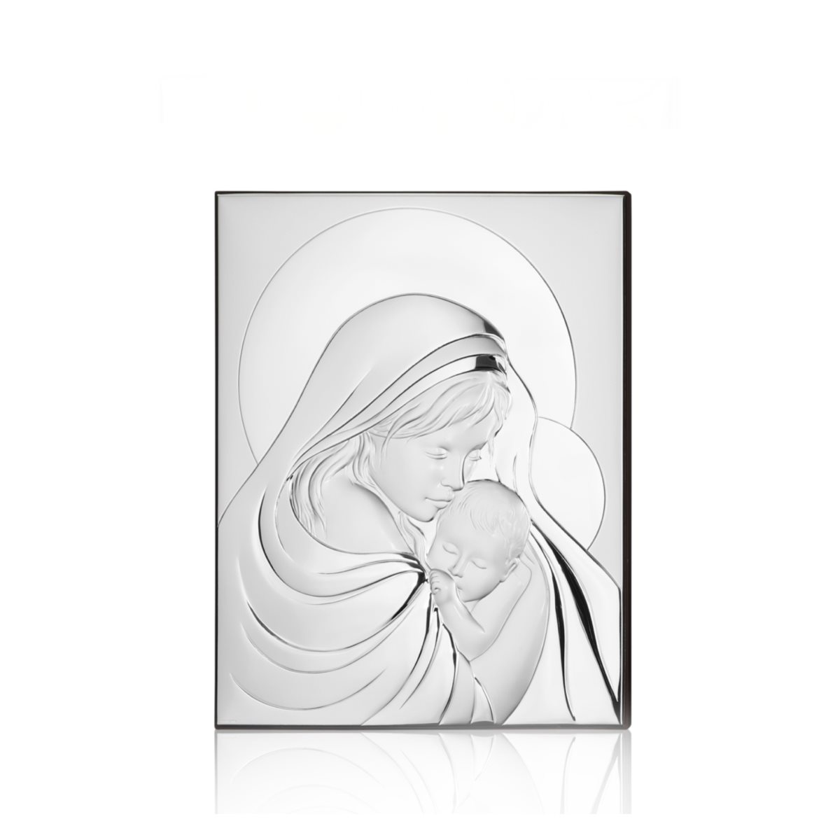 Icona moderna per bomboniera con madonna con bambino in argento laminato su pannello in legno color weng mis. 6x7,5