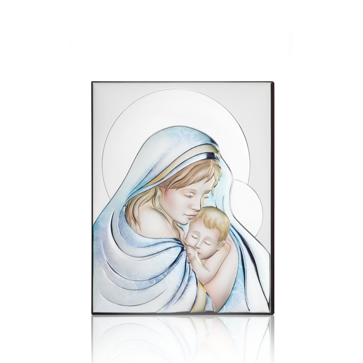 Icona moderna con madonna con bambino in argento laminato e colorato su pannello in legno color weng mis. 6x7,5