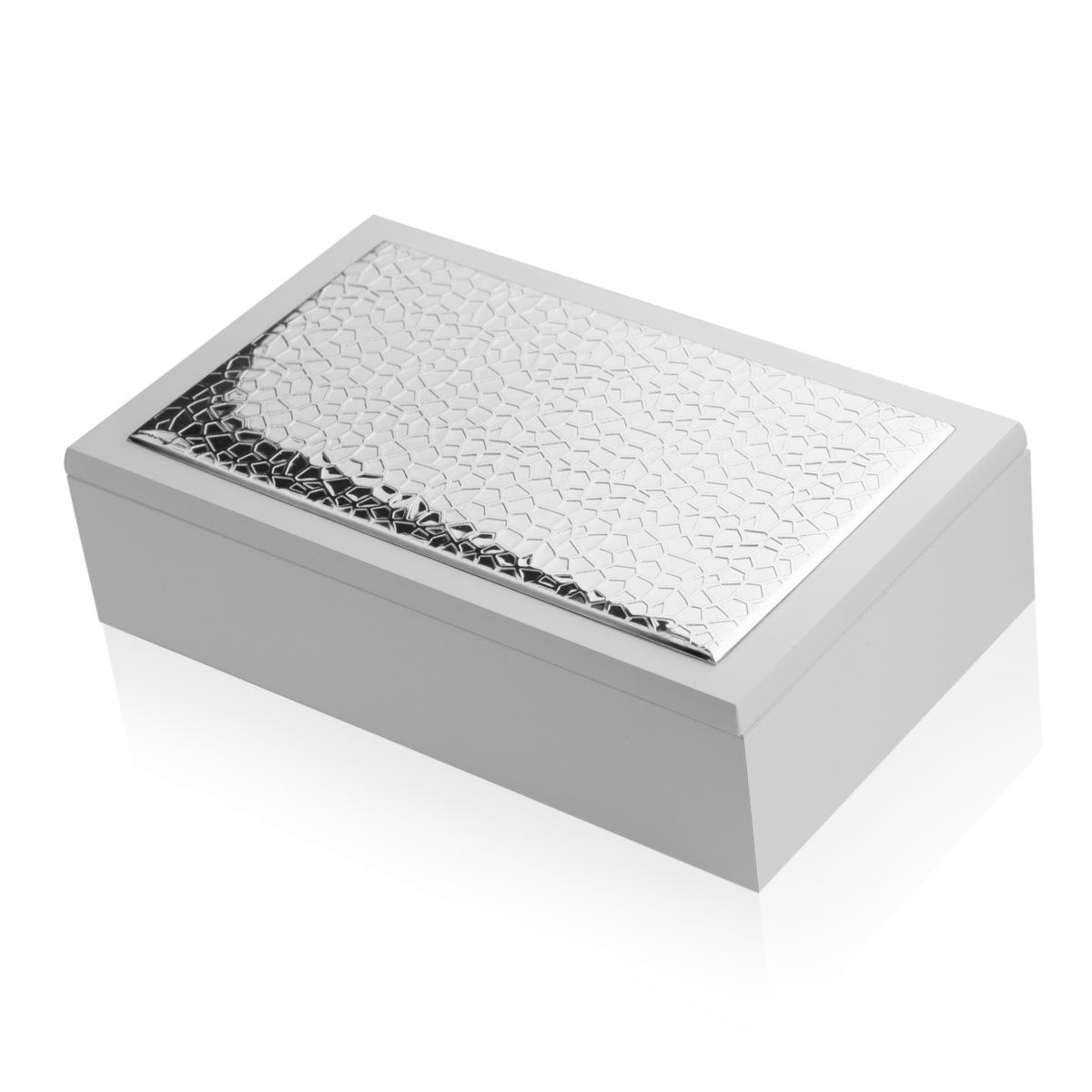Cofanetto portagioie in legno bianco con placca in argento laminato decorata da motivo craquel linea  hive