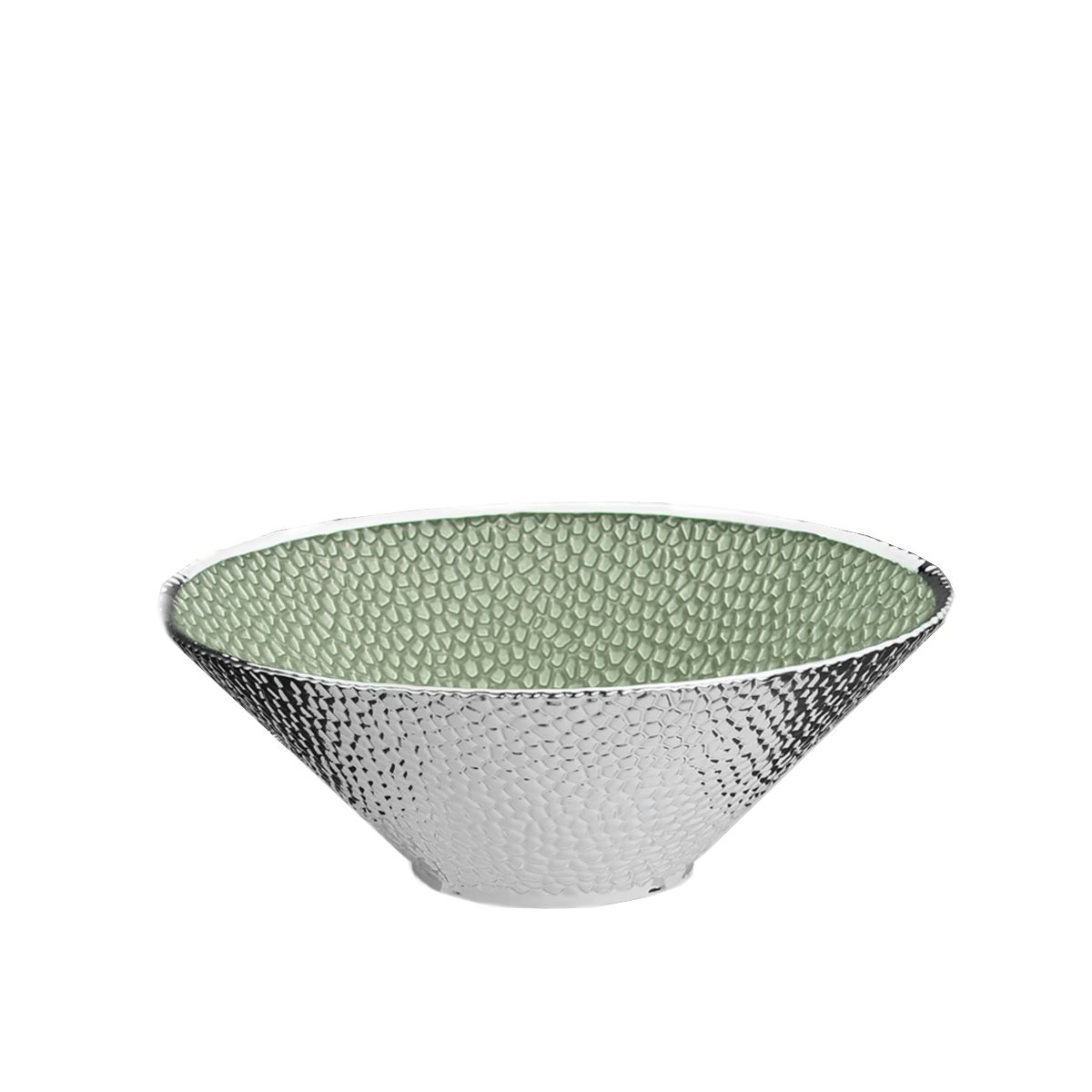 Ciotola centrotavola diam. 30 cm in vetro argentato con interno color verde asparago con effetto perlato e lavorazione craquel linea  hive