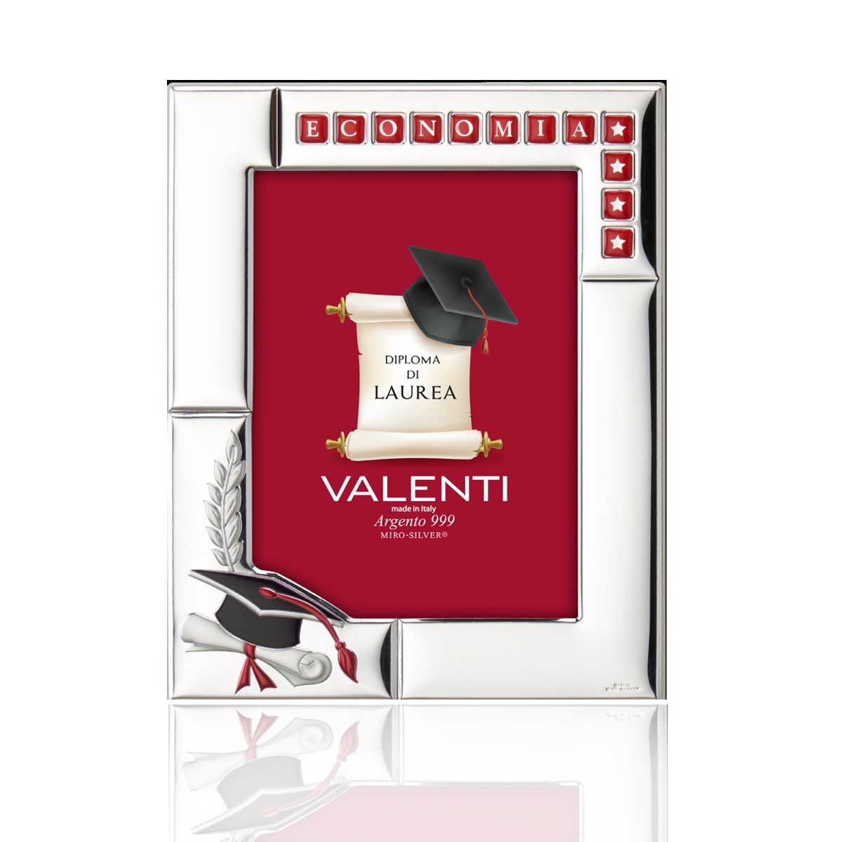 Cornice in argento laminato per laurea mis. 13x18 con bordo largo personalizzabile, tocco e pergamena