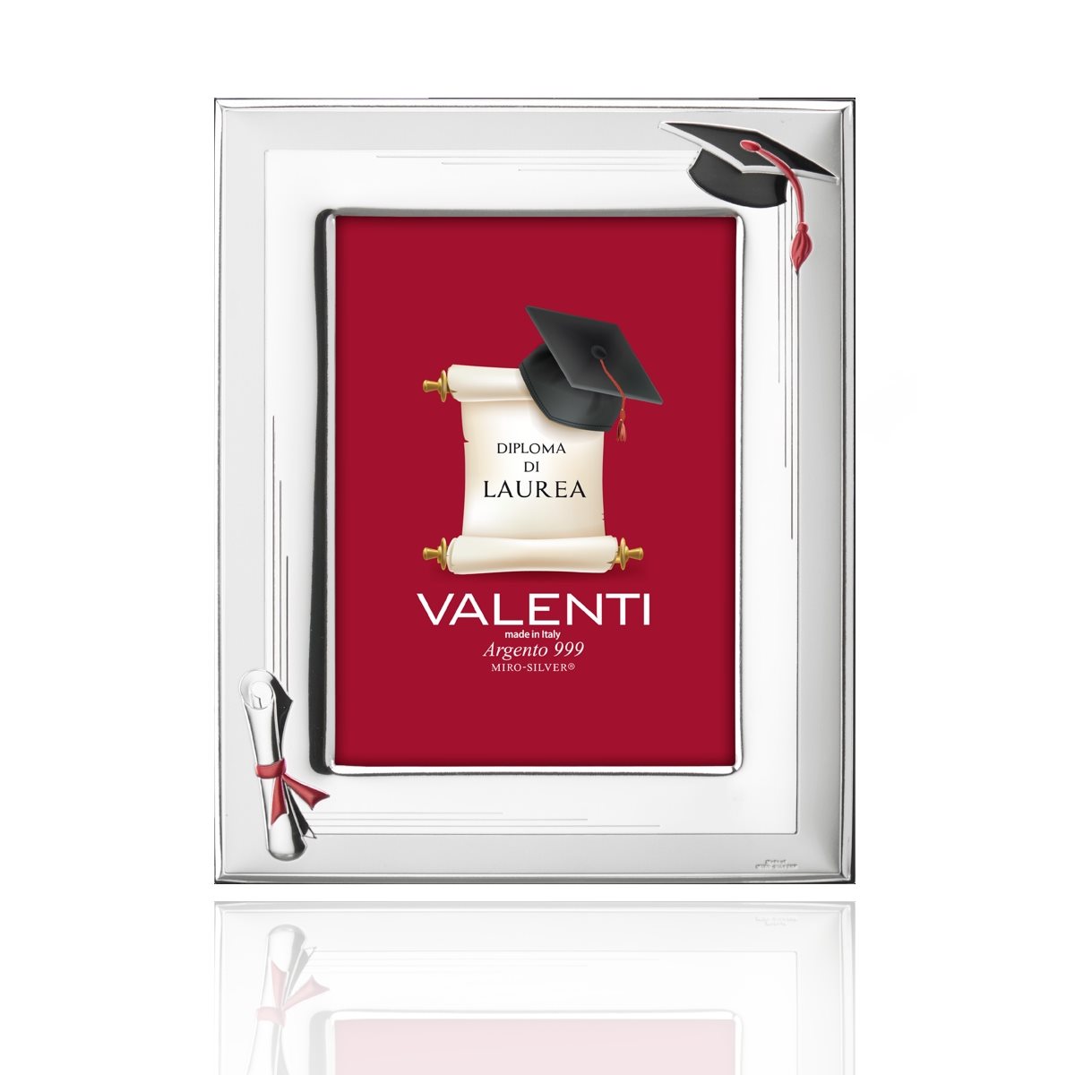 Cornice per laurea argentata mis. 13x18 con bordo decorato con tocco e pergamena
