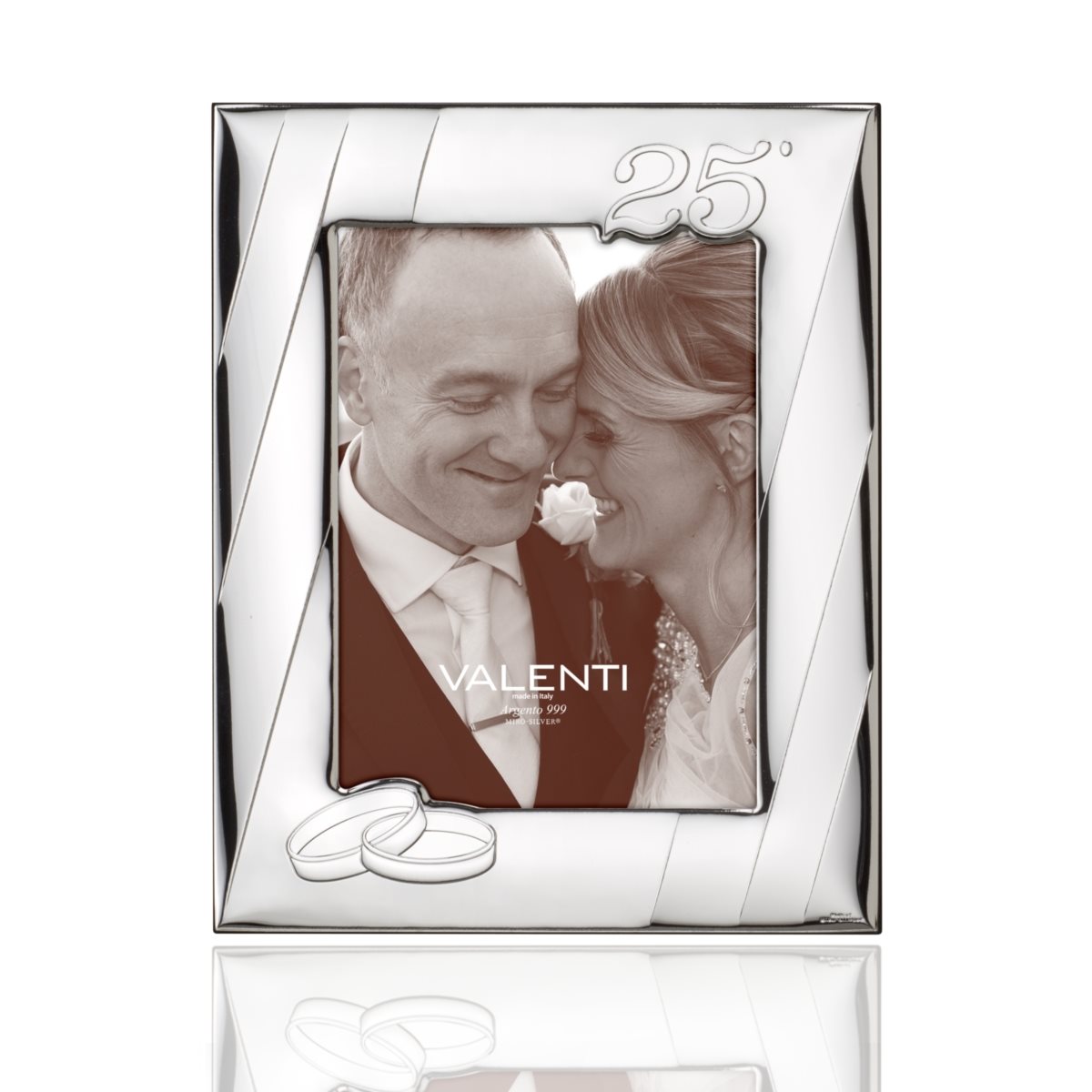 Cornice 13x18 per le nozze d'argento in argento laminato con simboli del 25 anniversario e decorazione moderna