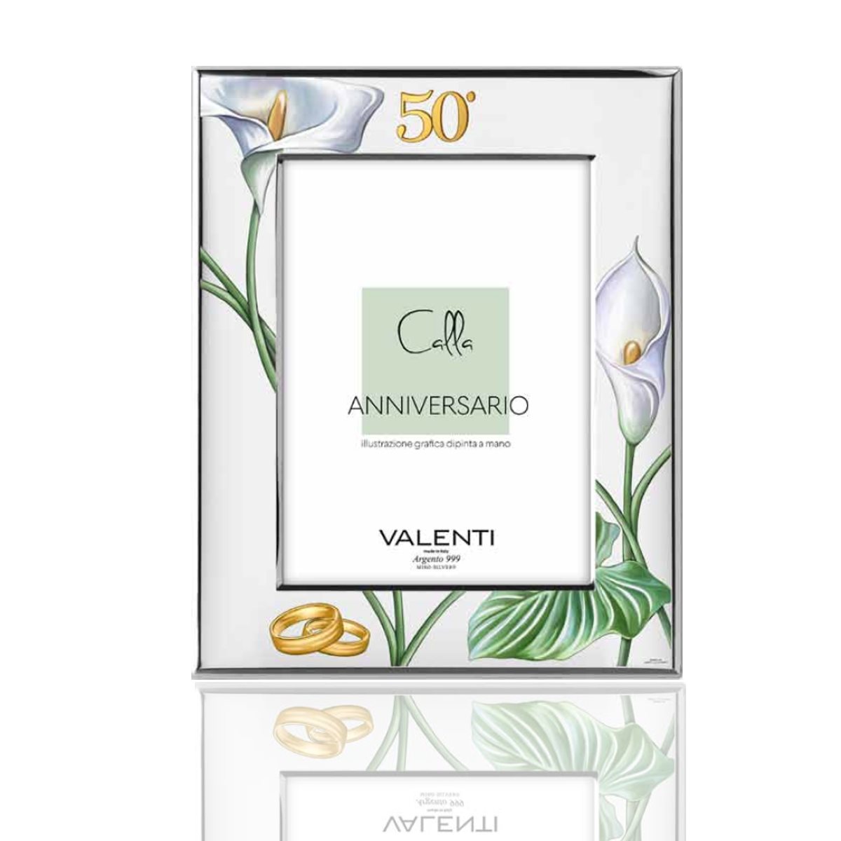 Cornice 9x13 per nozze d'argento in argento laminato, decorata con il simbolo del 50 anniversario e calle smaltate