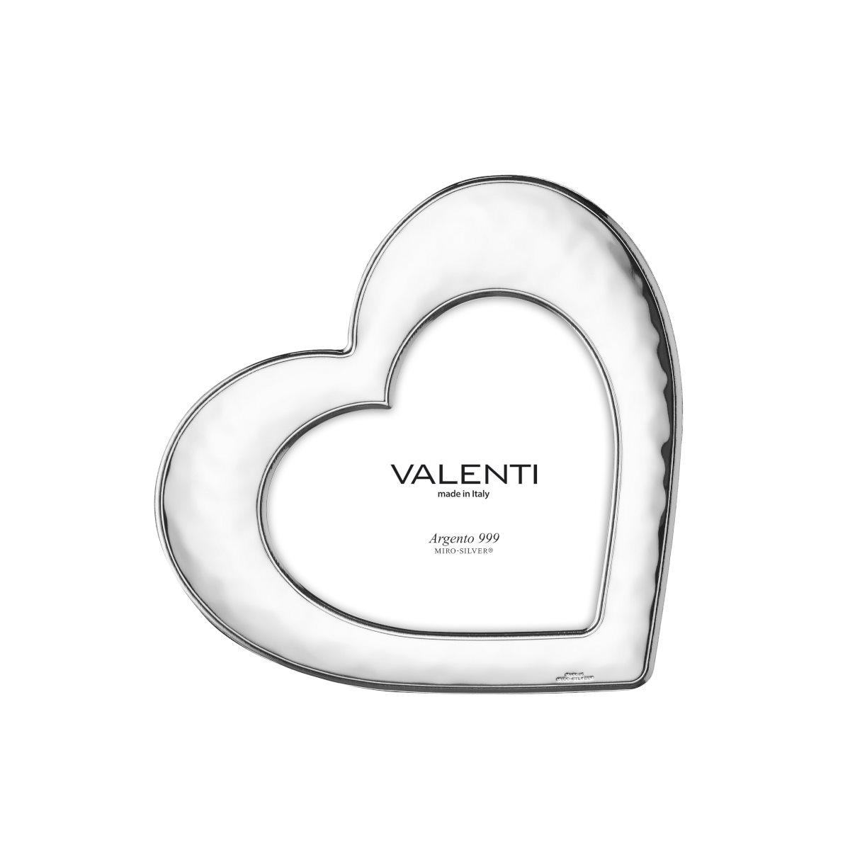 Cornice a cuore in argento laminato con finitura martellata e retro in legno bianco di misura 12 cm x 12 cm
