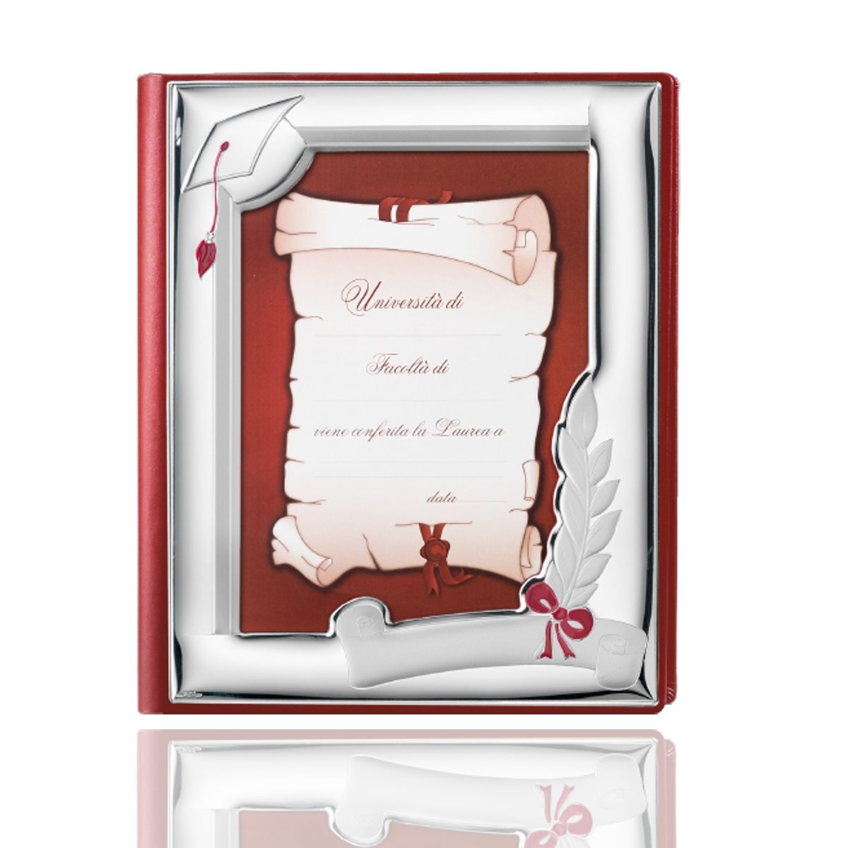 Album per laurea in ecopelle rossa mis. 25x30 con portafoto decorato con tocco e alloro