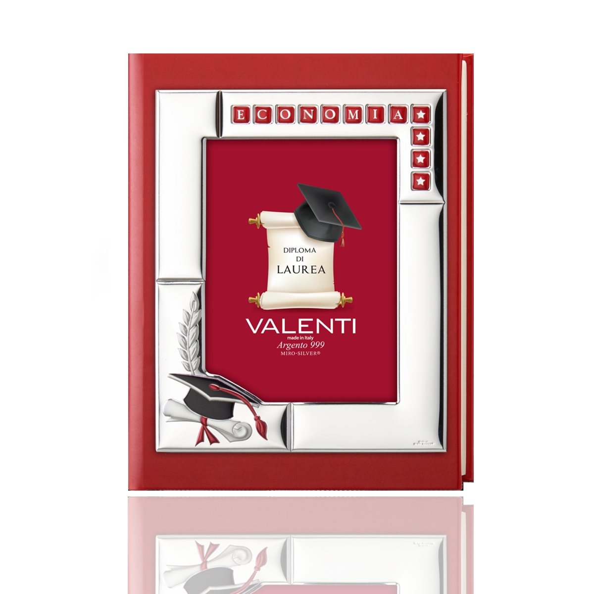 Album per laurea in ecopelle rossa mis. 25x30 con cornice argentata personalizzabile e decorata con tocco e pergamena