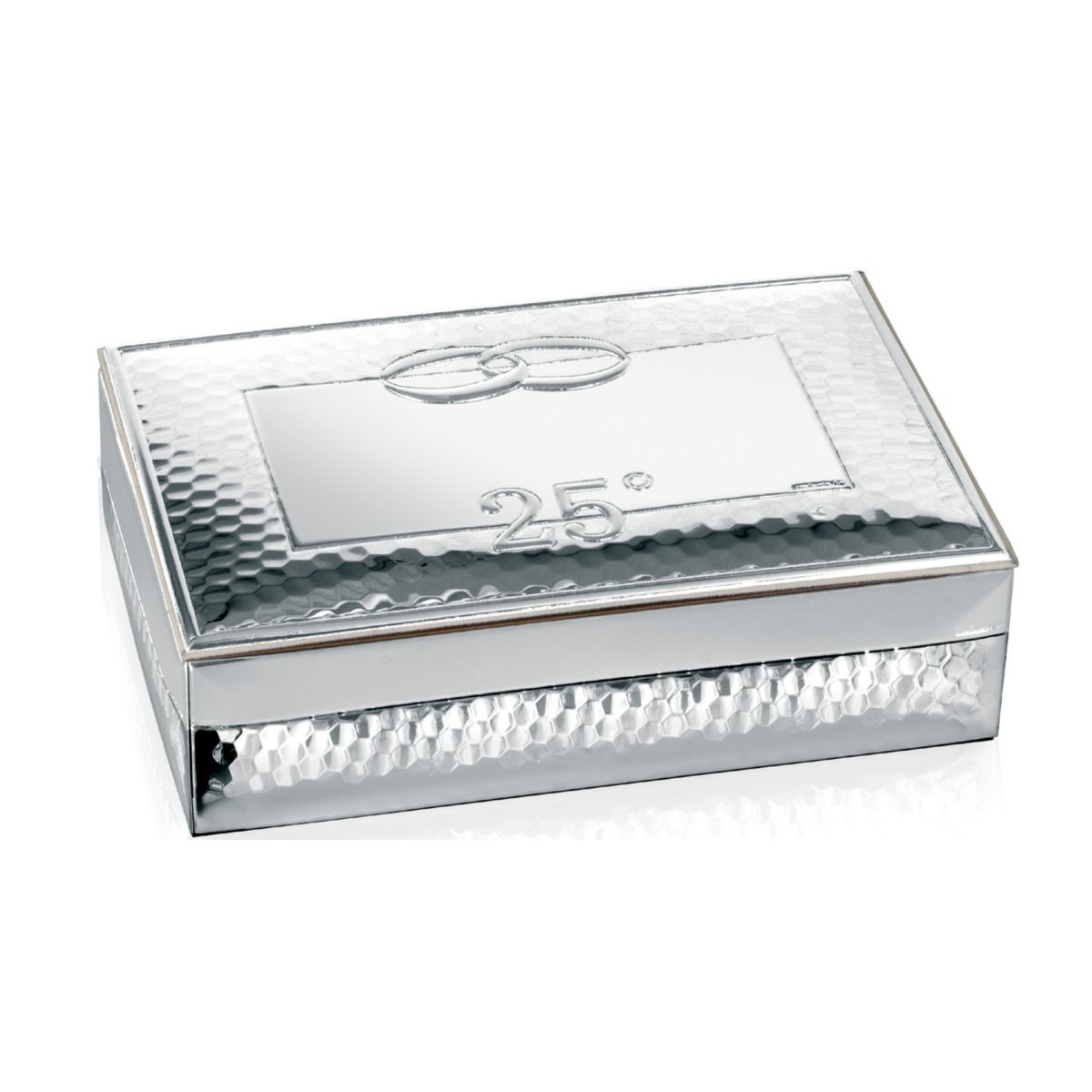 Cofanetto portagioie per nozze d'argento in legno rivestito in argento laminato martellato con coppia di fedi intrecciate e simbolo del 25 anniversario