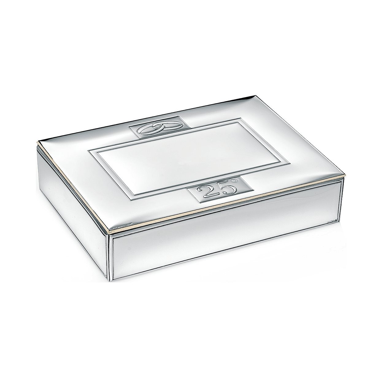 Cofanetto portagioie per nozze d'argento in legno rivestito in argento laminato con coppia di fedi intrecciate e simbolo del 25 anniversario