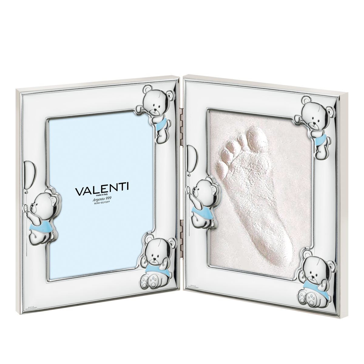Cornice doppia per bimbo 9x13 in argento laminato con kit per impronte decorato con orsetti