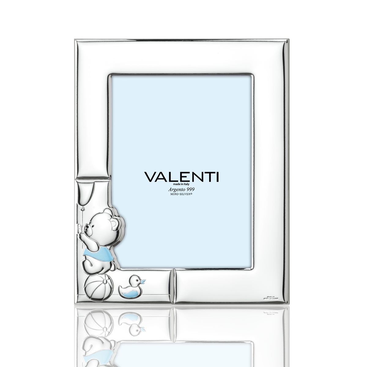 Cornice per bimbo 13x18 in argento laminato con orsetto con palloncino e retro in legno bianco