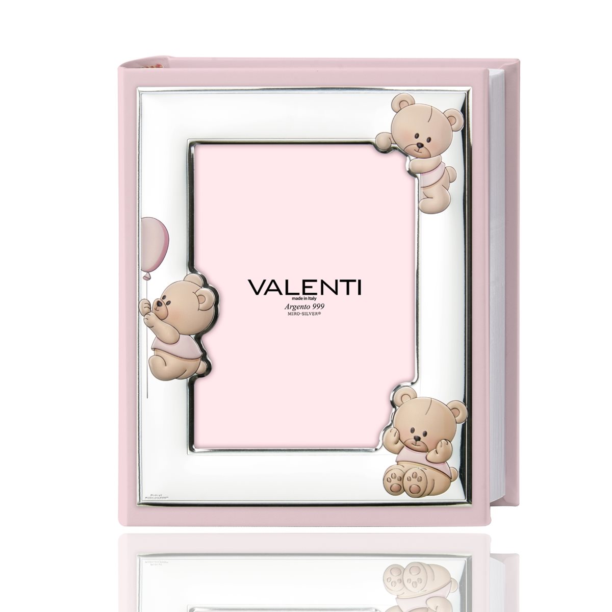 Album bimba con portafoto in argento laminato decorato con orsetti colorati in ecopelle rosa mis. 20x25