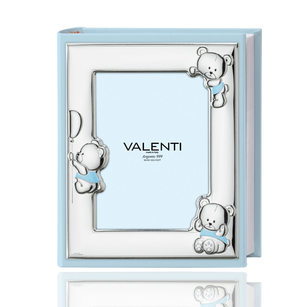 Album bimbo con portafoto in argento laminato decorato con orsetti in ecopelle celeste mis. 20x25