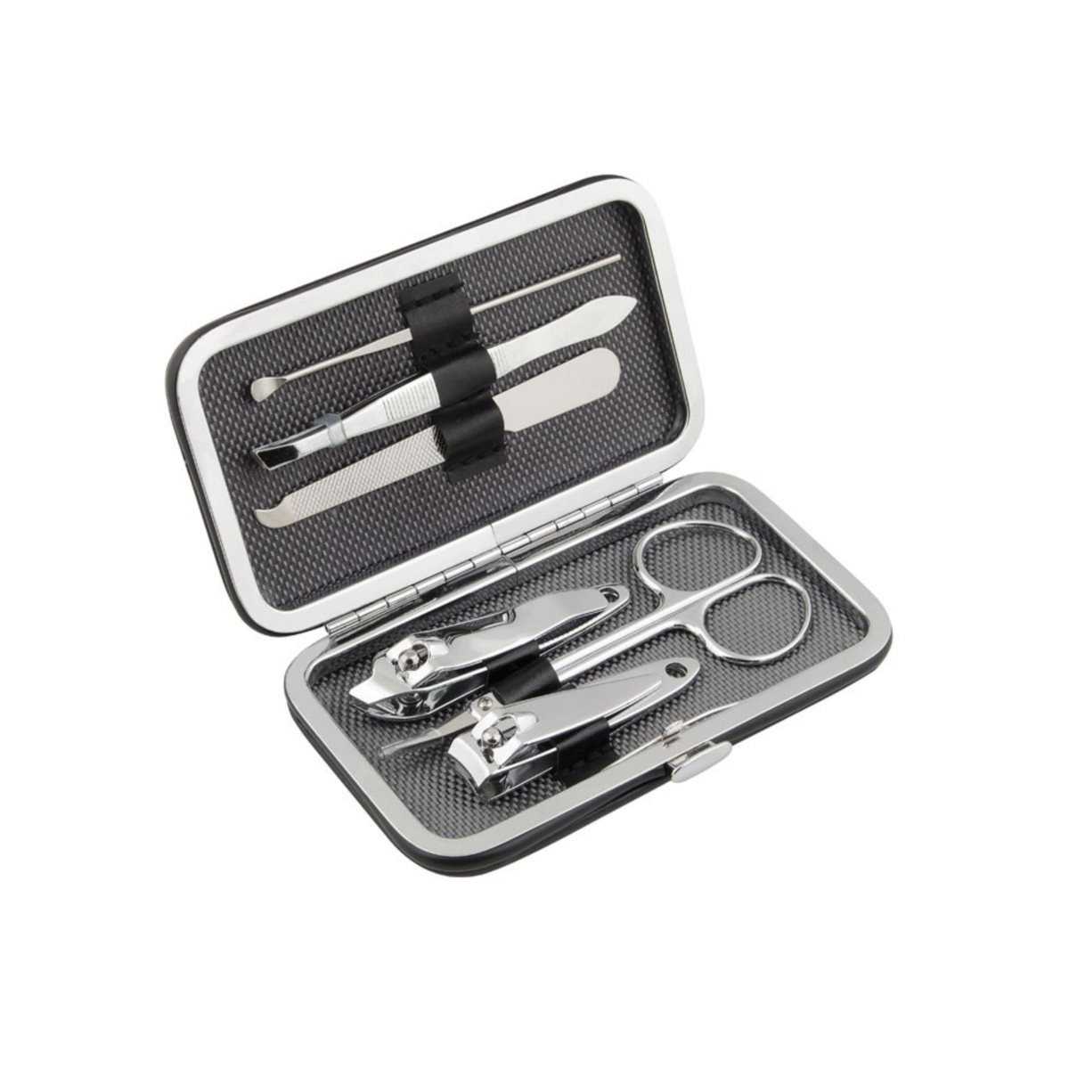 Set manicure da viaggio in metallo lucido e similpelle con accessori per la cura di unghie e cuticole